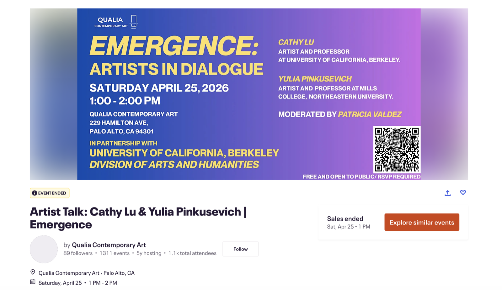 Emergence: Artists in Dialogue — event listing graphic with QR code for RSVP