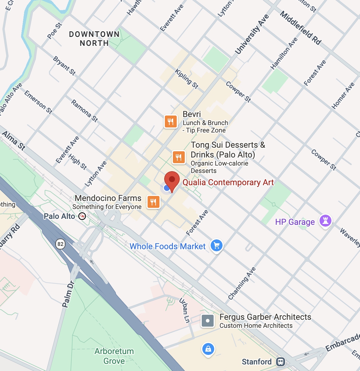 Map of Qualia Contemporary Art in downtown Palo Alto, CA