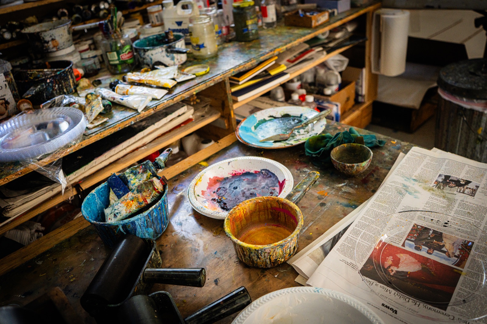 Art supplies arranged in the studio